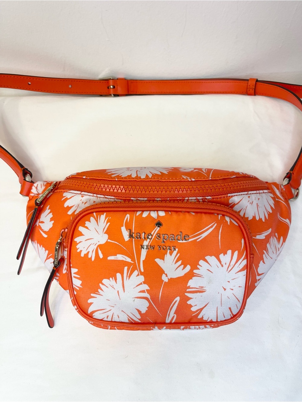 Kate Spade Dorian Belt Bag Orange White Flower Nylon Leather NWT